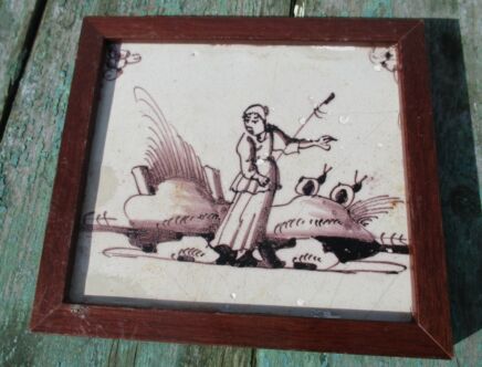 Antique 19th century Polychrome Tile Dutch Woman Brown Rare Frame