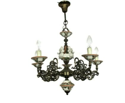 Vintage Capodimonte style chandelier 5 arm Lights Porcelain Putti Cherubs Eros