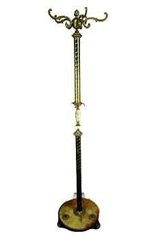 Hollywood Regency Brass Hall Tree Coat Hat Rack Round Marble Onyx Base HTF