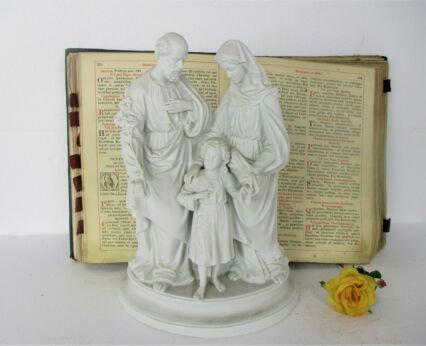 Antique Bisque Porcelain Statue Virgin Our Lady Mary Infant Jesus Saint Joseph Holy Family Gorgeous French 13.58"