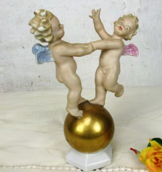 Two Dancing Angels Putti Statue Figurine Grafenthal Germany Porcelain Marked