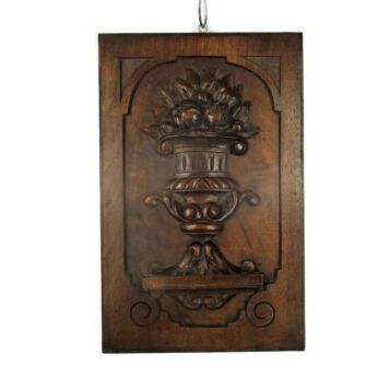 Small Vintage Hand Carved Wooden Wall Panel Plaque Flower Pot Swans Bas Relief