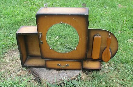 Antique French Oak Art Deco Medicine Wall Cabinet Round Mirror Brush set Rare