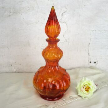Vintage Retro Pressed Art Glass Tall Bottle Vase Lidded Red Orange 14.37"
