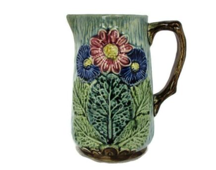 Antique Barbotine Majolica French Tavern Pitcher Jar Vase Flowers Lovely Marked