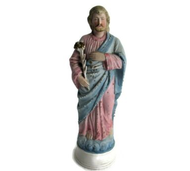 Antique Statue Saint Joseph Protector of Homes Bisque Porcelain Lovely Pastel Pink Blue Lillies