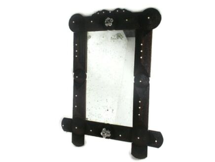 Antique Hand Made Folk Tramp Art Mirror Wood Large porcelain Flowers WOW HTF