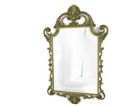 Large Ornate Brass Wall Hanging Mirror Romantic Hollywood Regency Beveled Glass gorgeous
