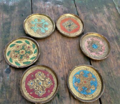 Italian Mid Century Hollywood Regency Florentine 6 coasters gold gilt Resin