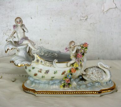 Porcelain Bisque Figurine Decoration Swan Sled Angels Flowers Germany Marked