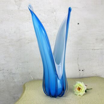 XL Vintage Italian Opaline Cased Glass Mid Century Blue vase Era Murano WOW