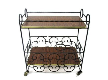 Bar Cocktail Tea Cart Trolley Mid Century Modern Kitchen Island Wood Veneer Wrought Iron Ornate