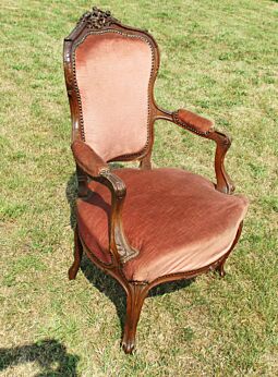 Antique Arm Chair Fauteuil Louis XVI style Carved Wood Hobnails Stunning