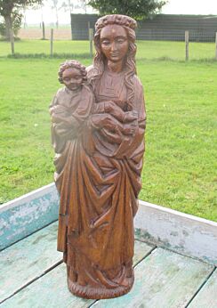 Large Virgin Mary Madonna with Child Carved Wood Statuette Catholic 18.31"0