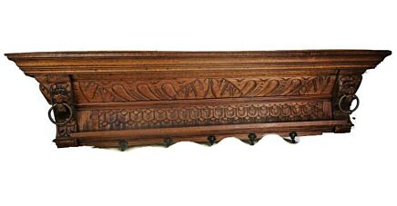 Antique Hand Carved Wood Wall Shelf Coat Hat Kitchen Rack Lion Heads Rings