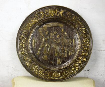 Large Hammered Red Copper Wall Plate Decorative Brueghel Scene Bacchus 22"