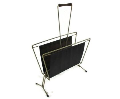 Vintage Mid Century Modern Magazine Newspaper Basket Rack Funky Modernist teak Handle Chrome Plastic