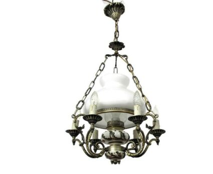 Art Nouveau Chandelier Lampe Belge Revival Opaline Shade 7 lights Porcelain