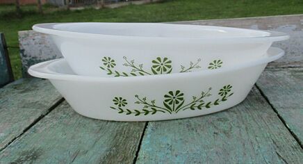 Vintage 2 Oven dishes Glassbake USA 77 Casseroles Divided green Floral motif