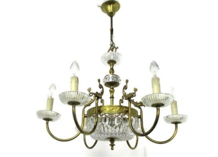 French Chandelier Ornate Brass Crystal Prisms Hollywood Regency Fish WOW 8 light
