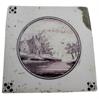 1800s Antique Delft Tile Dutch Manganese Lovely Landscape Beautiful