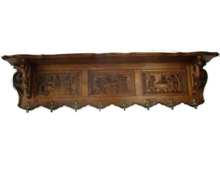 XL Hand Carved Wood Oak Coat Hat Kitchen Hallway Rack Breughel Scenes Lovely