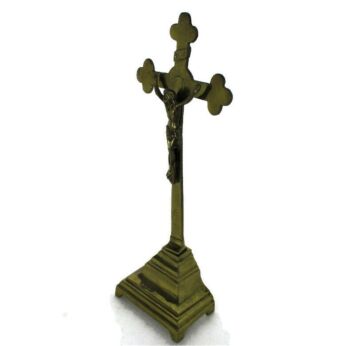 Small Brass Table Standing Crucifix Cross Ornate Lovely Jesus Christ French Fleur de Lis Lys 11.81"