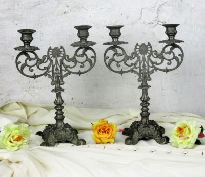 Vintage Couple pair Ornate Double Candle Holders Spelter Candelabras Candelabra
