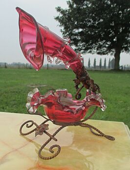 Stunning Antique Cranberry Opalescent Vaseline  Epergne Brides Basket