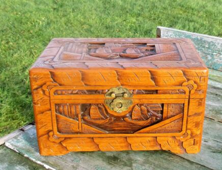 Vintage Carved Wood Sailing Boats Ship Jewelry Trinket Tobacco Box Lovely