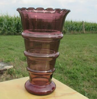 Large Vintage Purple Cranberry Glass Vase Hand Blown Hooped Beautiful