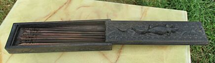 Vintage Chopsticks in Box Lizzard Hand Carved Wood Collector
