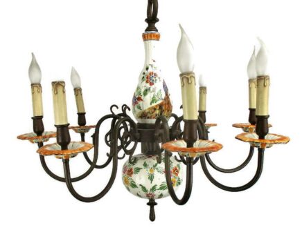 Vintage Delft Polychrome Porcelain Brass chandelier 8 lights Marked HTF Flowers
