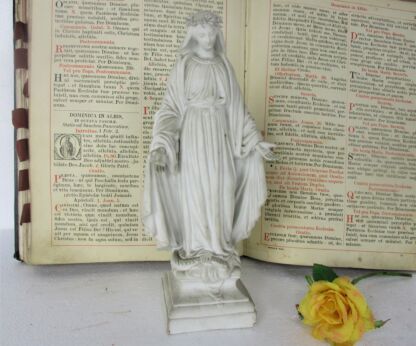 Antique Bisque Porcelain Statue Virgin Our Lady Mary Open Arms Gorgeous Marked Flower Garland 10.03"