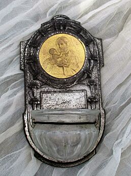 Vintage Aluminium Holy Water Font Saint Infant Jesus Christ Wall Hanging