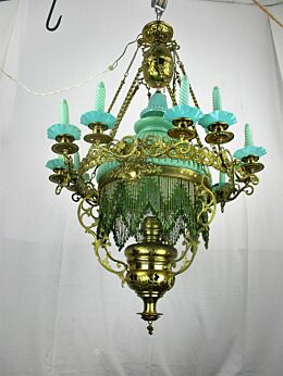 XL Antique Victorian Kerosene Oil Brass Chandelier Opaline Shade Sleeves Belgium