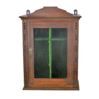 Vintage Hand Carved Oak green glass Kitchen Medicine Apothecary Wall Cabinet