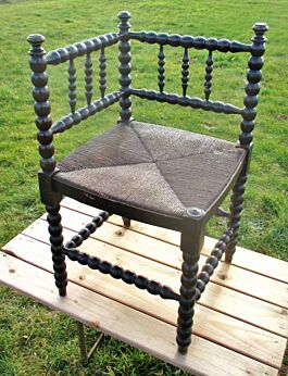 Antique French Dark twisted wood Corner Chair with Rush seat