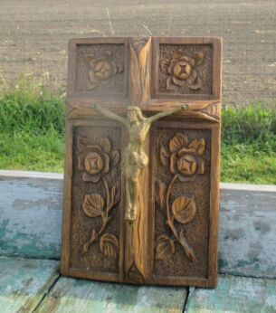 Hand Carved Wood Wall Panel Jesus Christ Cross Flowers hand Made Signed Lovely