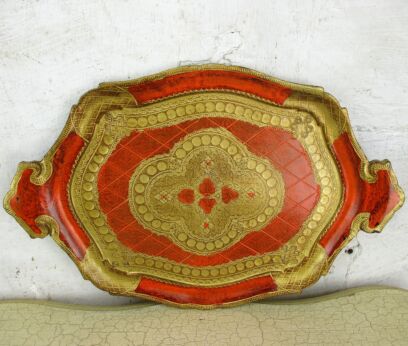 Mid Century Hollywood Regency Florentine Serving Tray Resin Orange Gold Italy