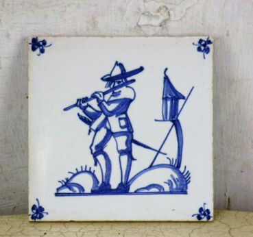 Vintage Blue White Wall Decorative Tile Delft Style Man Playing Flute Birdcage