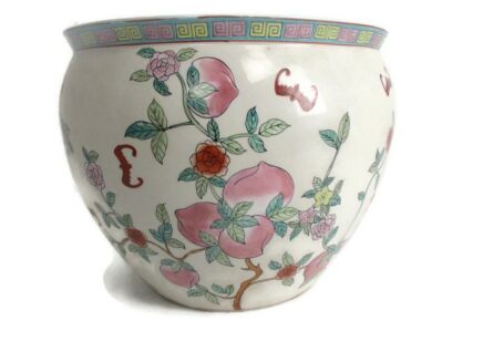 X Large Vintage Chinese Porcelain Enamel Famille Rose Koi Fish Bowl Planter Vase  Cachepot Flowers Bats  Stunning