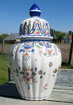 Large French Vieux Rouen Polychrome Porcelain Vase Urn Marked Floral design