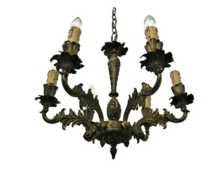 Brass 6 Arms Lights Chandelier Lamp Ornate Pineapple Etched Hollywood regency