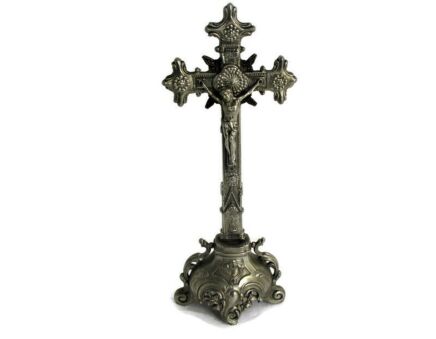 Vintage Standing Table  Crucifix Jesus Christ Cross Ornate Embossed Spelter Mid Century