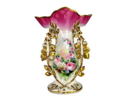 XL Antique French Vieux Paris Porcelain Fan Flair Bridal Vase Gold Gilded Pink