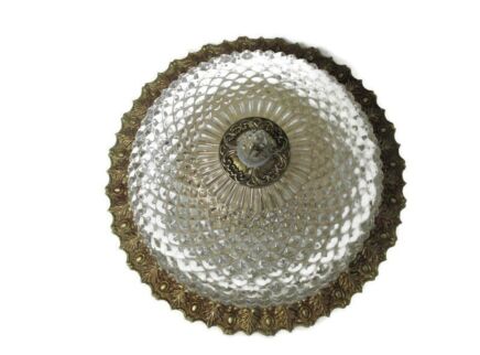 Vintage French Ceiling Lamp Light Fixture Plafonnière Ornate Brass Bubbled Glass Hollywood Regency 1 Light