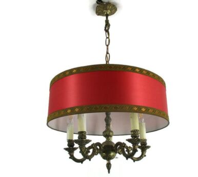 Bouillotte style Chandelier Lamp 5 arm Lights Brass Red Fabric Shade Vintage