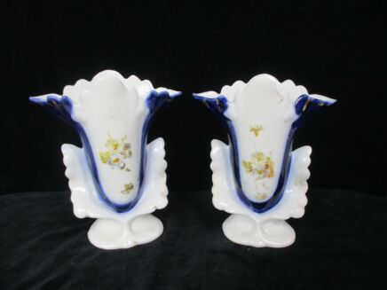Couple Pair Antique Vieux Paris Porcelain Fan Flair Bridal Vases 7.48"