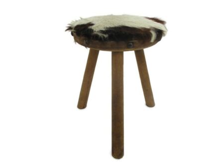 Old Milk Milking Stool Farmhouse Country Barn Style French Tripod Side Display Table Pedestal Plant Stand Cowhide Hobnails